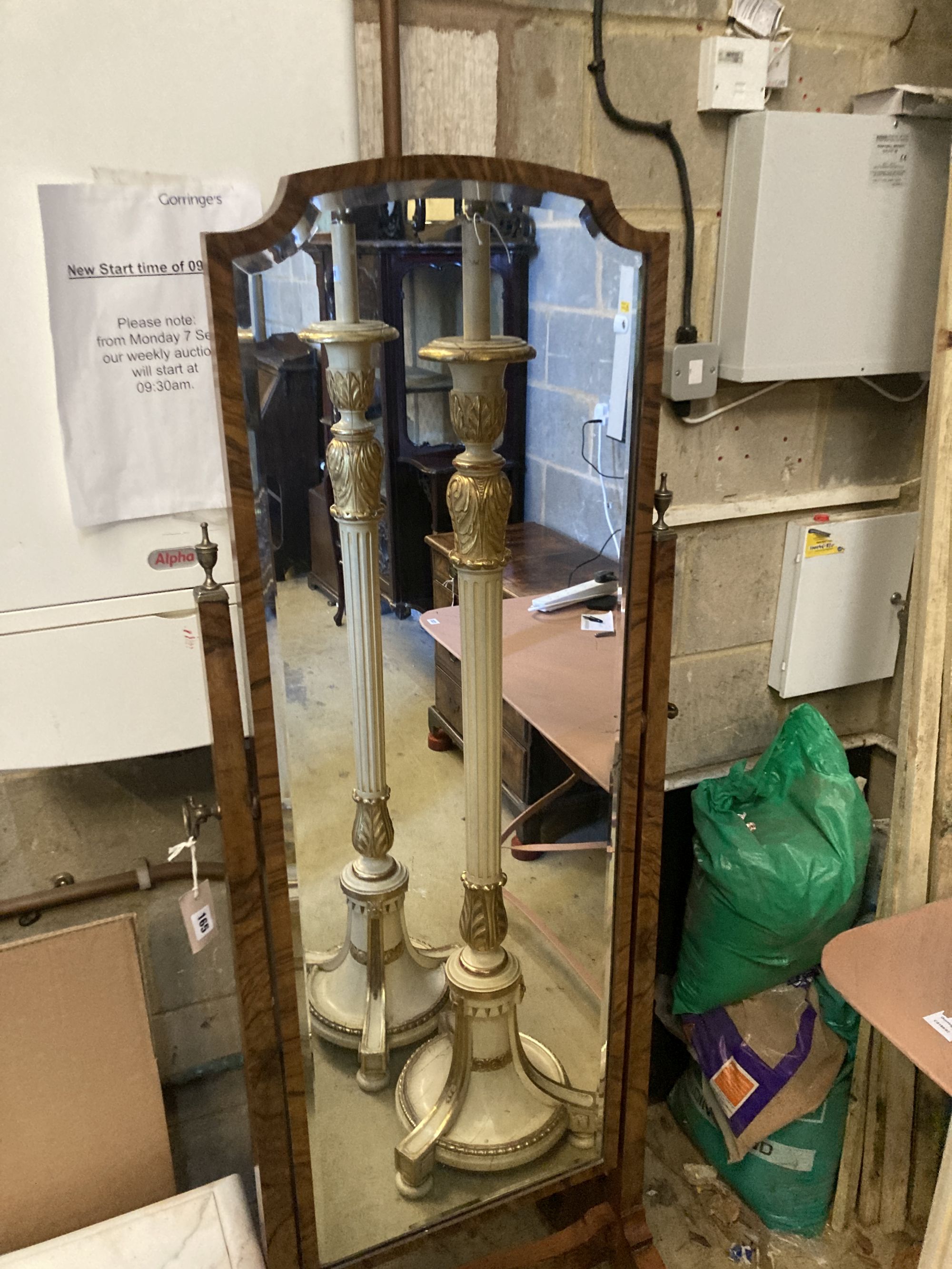 A 1920s walnut cheval mirror, width 54cm, height 164cm